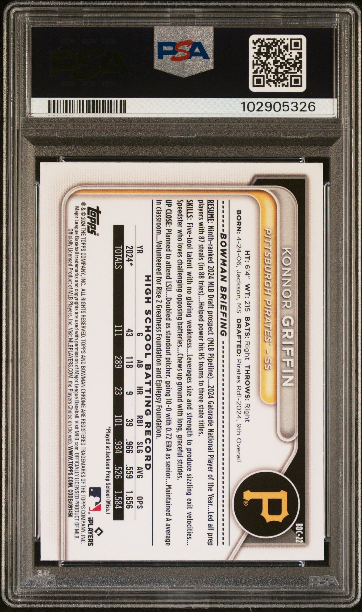 Graded 2024 Topps Bowman Draft Konnor Griffin #BDC22 Chrome Rookie RC Baseball Card PSA 10 Gem Mint