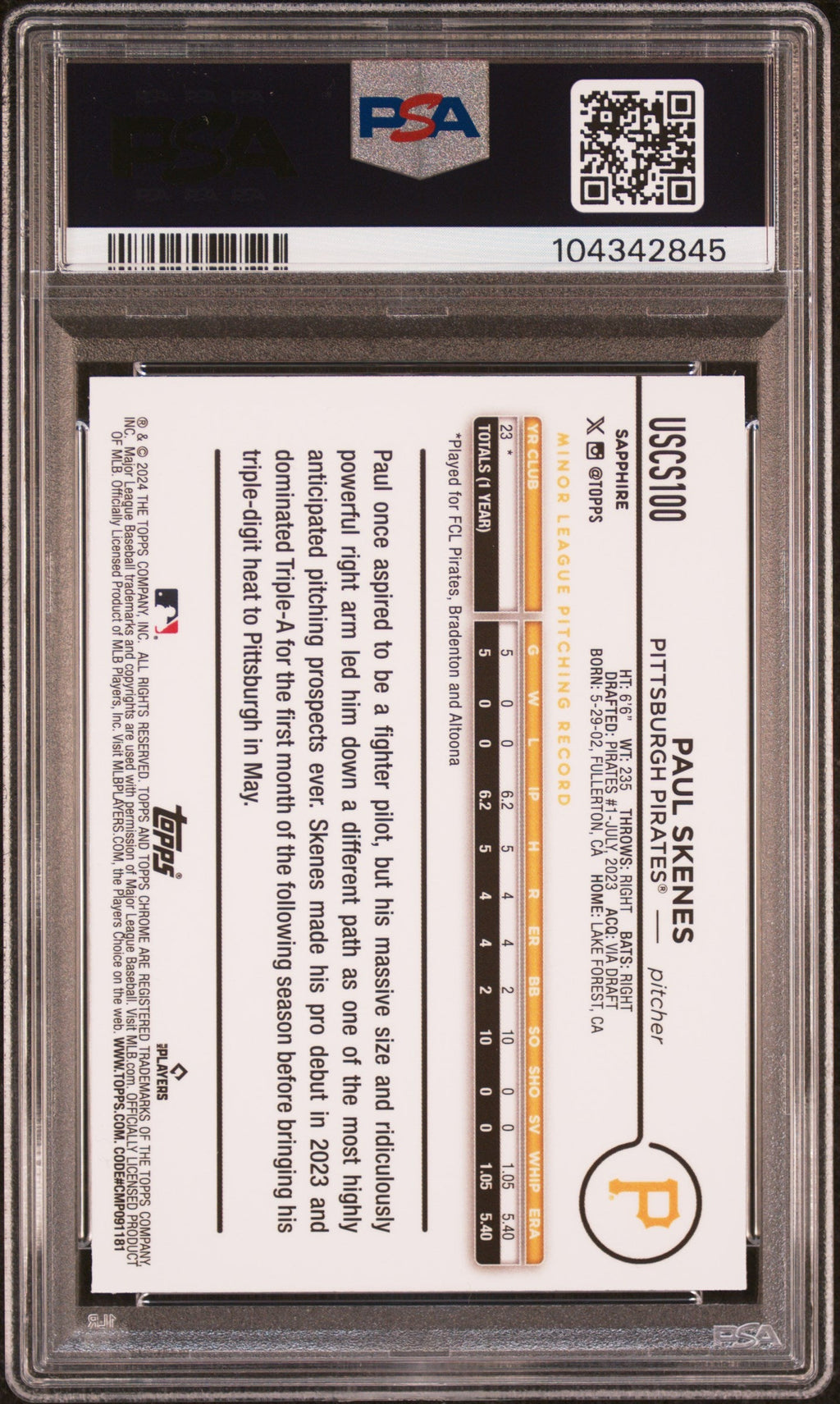 Graded 2024 Topps Chrome Update S/E Skenes #100 Rookie RC Baseball Card PSA 9 Mint