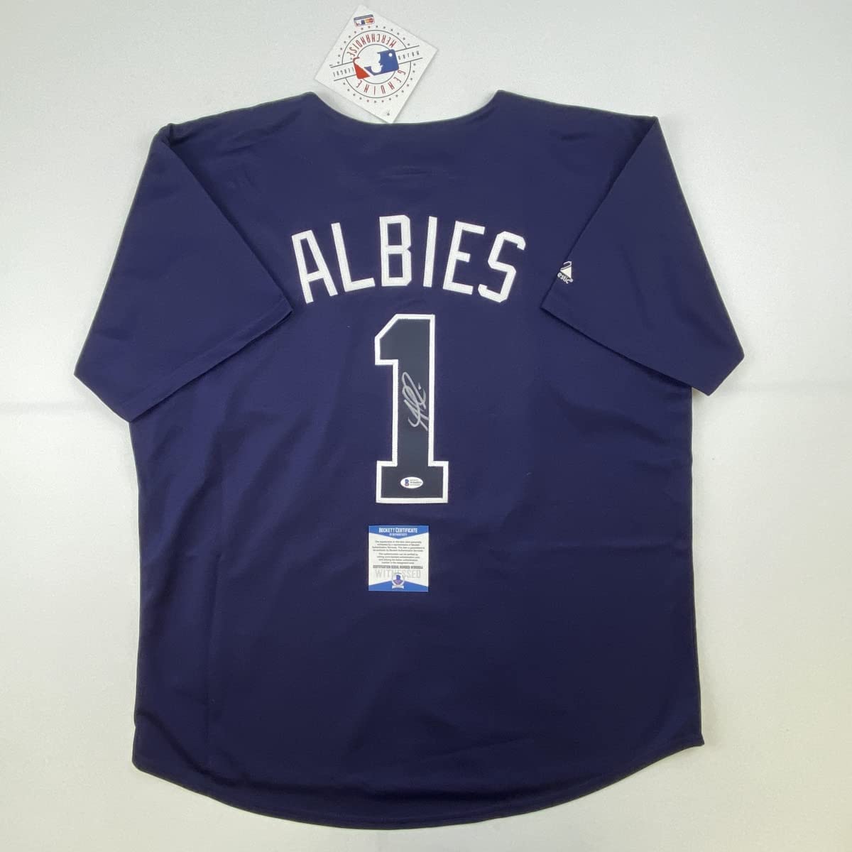 Autographed/Signed Ozzie Albies Atlanta Braves Blue Majestic Baseball Jersey Beckett BAS COA