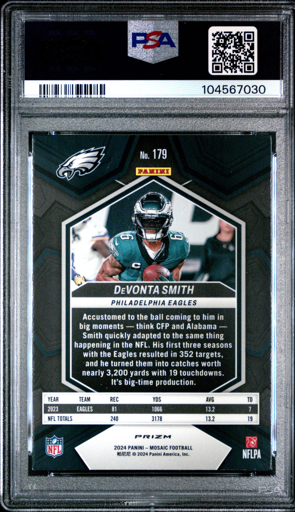 Graded 2024 Panini Mosaic DeVonta Smith #179 Green Football Card PSA 9 Mint
