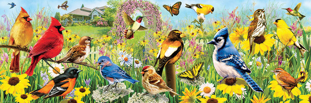 Puzzle: Panoramic Puzzles - Garden Birds Panoramic by Greg Giordano