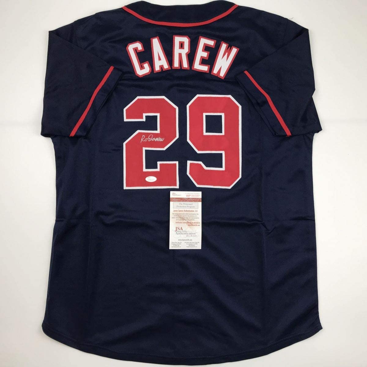 Autographed/Signed Rod Carew Minnesota Dark Blue Baseball Jersey JSA COA