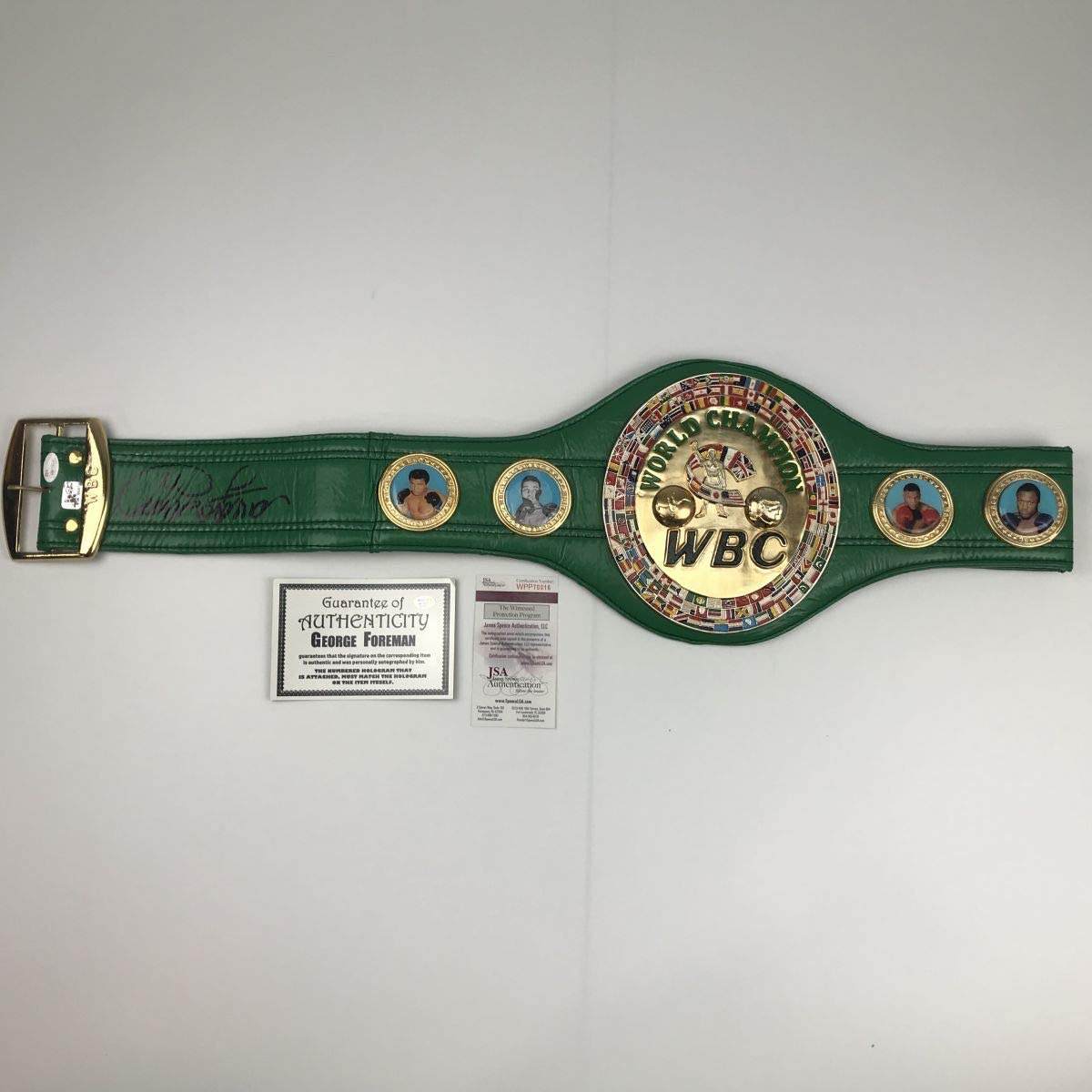 Autographed/Signed George Foreman WBC Green Boxing Replica Championship Belt JSA COA
