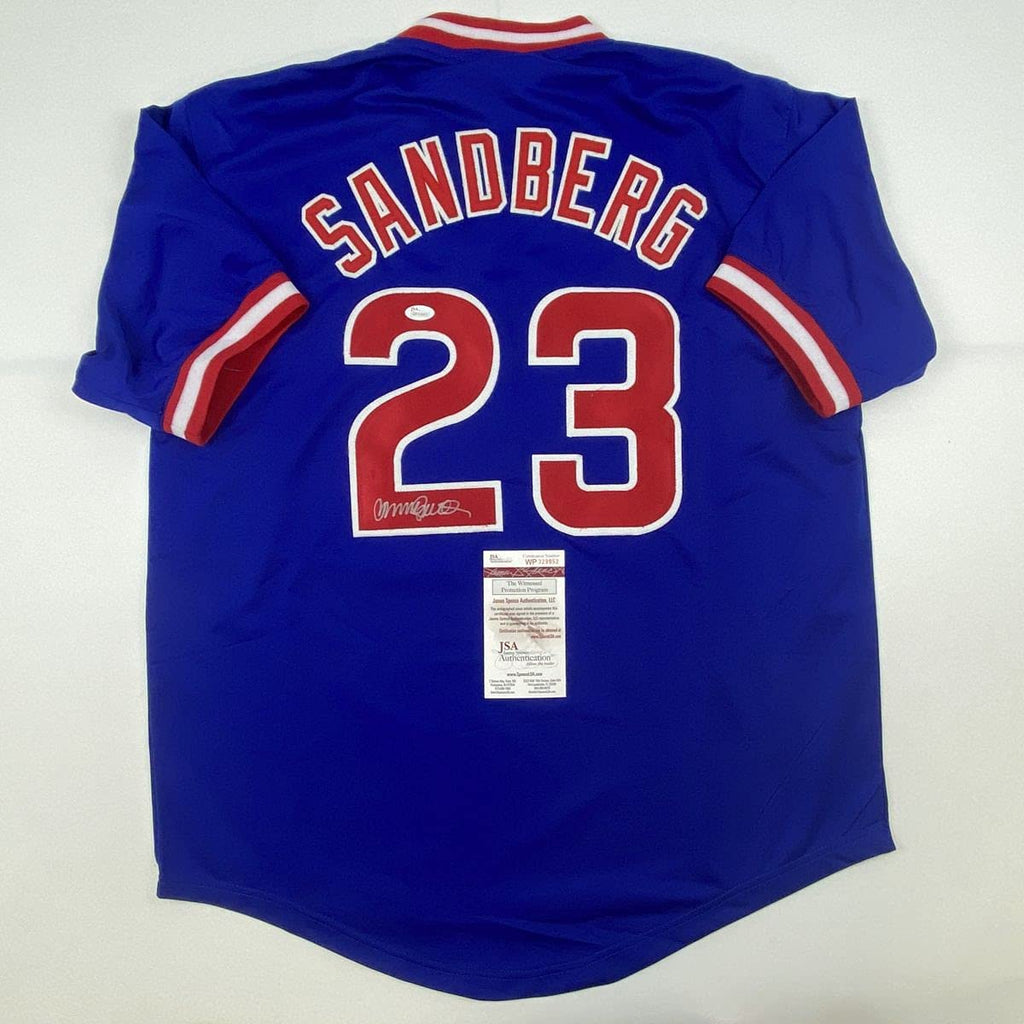 Autographed/Signed Ryne Sandberg Chicago Blue Baseball Jersey JSA COA