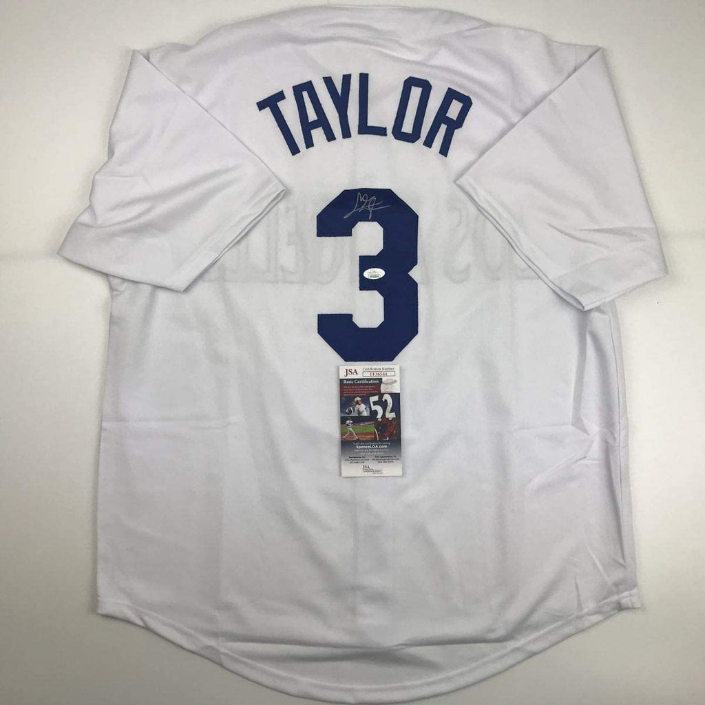 Autographed/Signed Chris Taylor Los Angeles LA White Baseball Jersey JSA COA