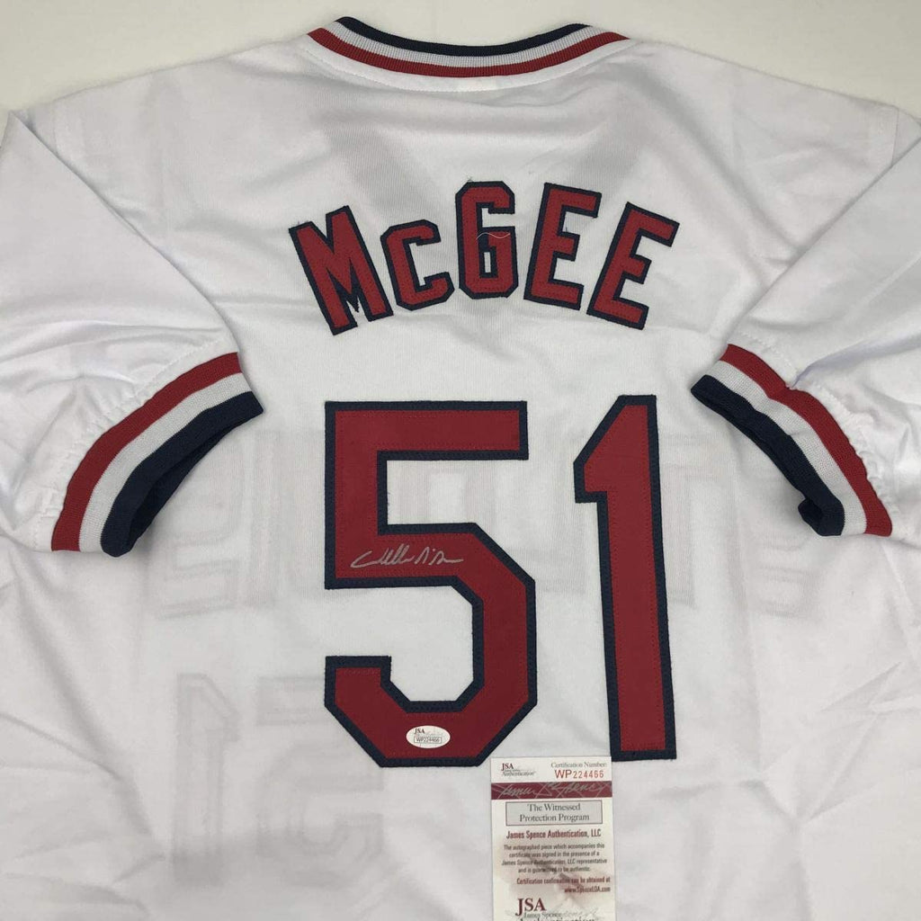Autographed/Signed Willie McGee St. Louis White Baseball Jersey JSA COA