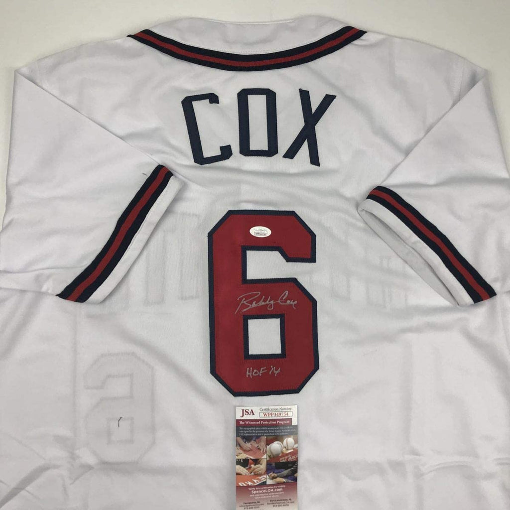 Autographed/Signed Bobby Cox HOF 14 Atlanta White Baseball Jersey JSA COA