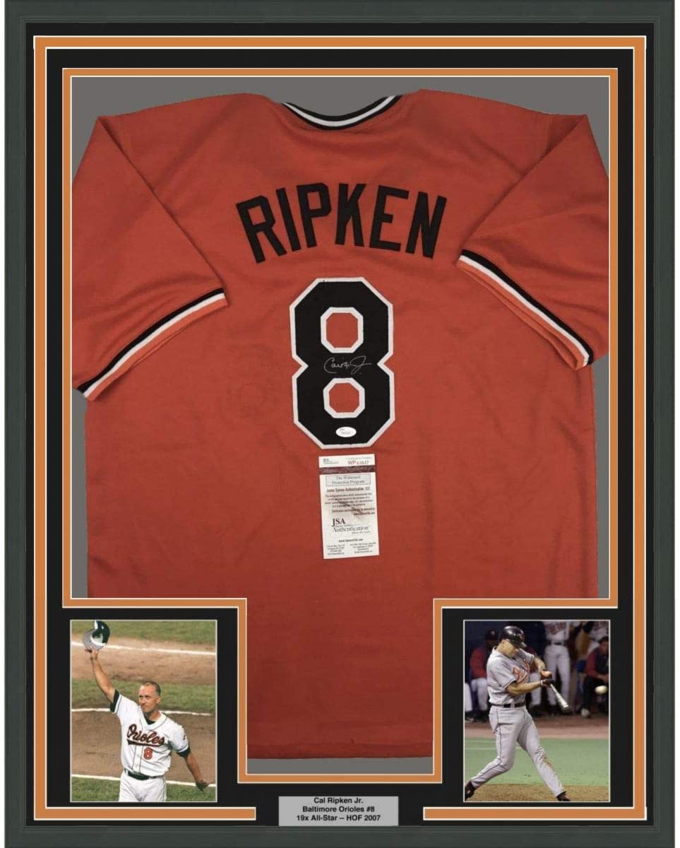 Framed Autographed/Signed Cal Ripken Jr. 35x39 Baltimore Orange Baseball Jersey JSA COA