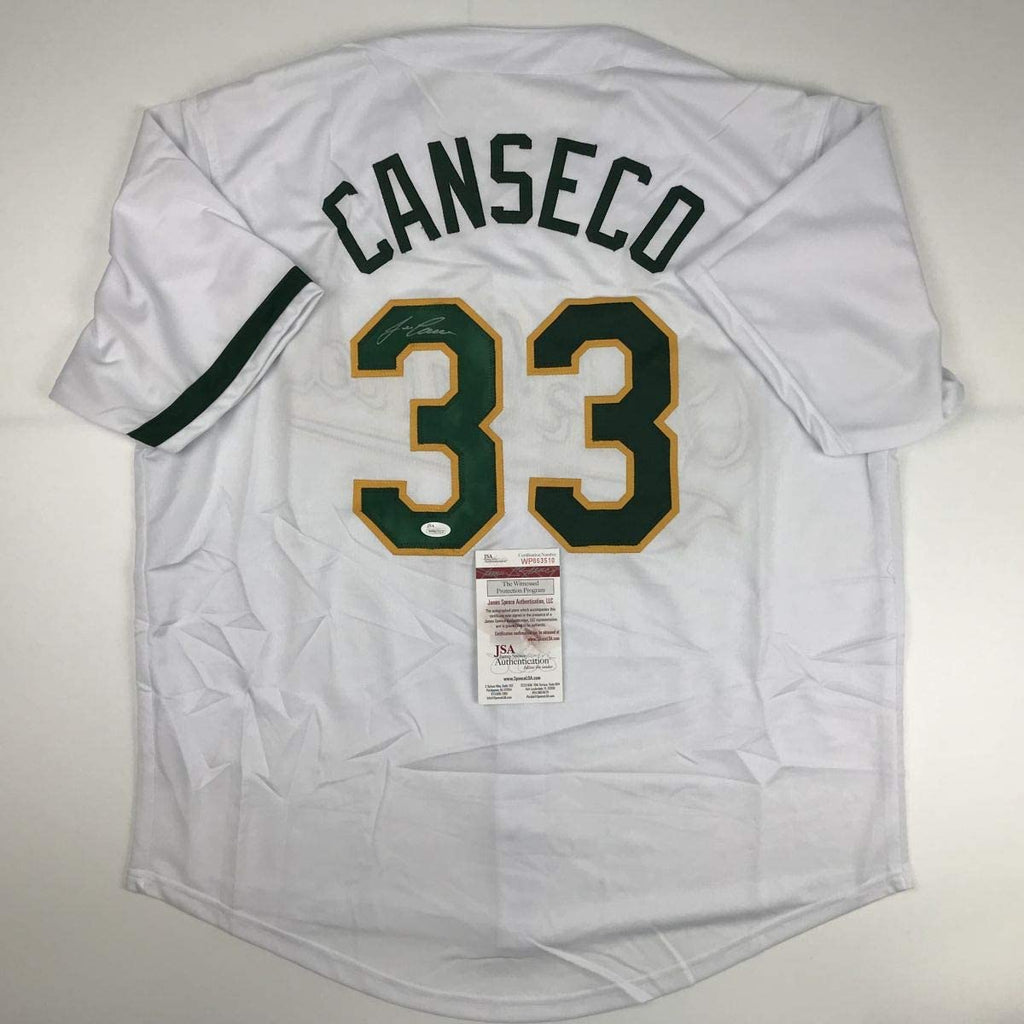 Autographed/Signed Jose Canseco Oakland White Baseball Jersey JSA COA