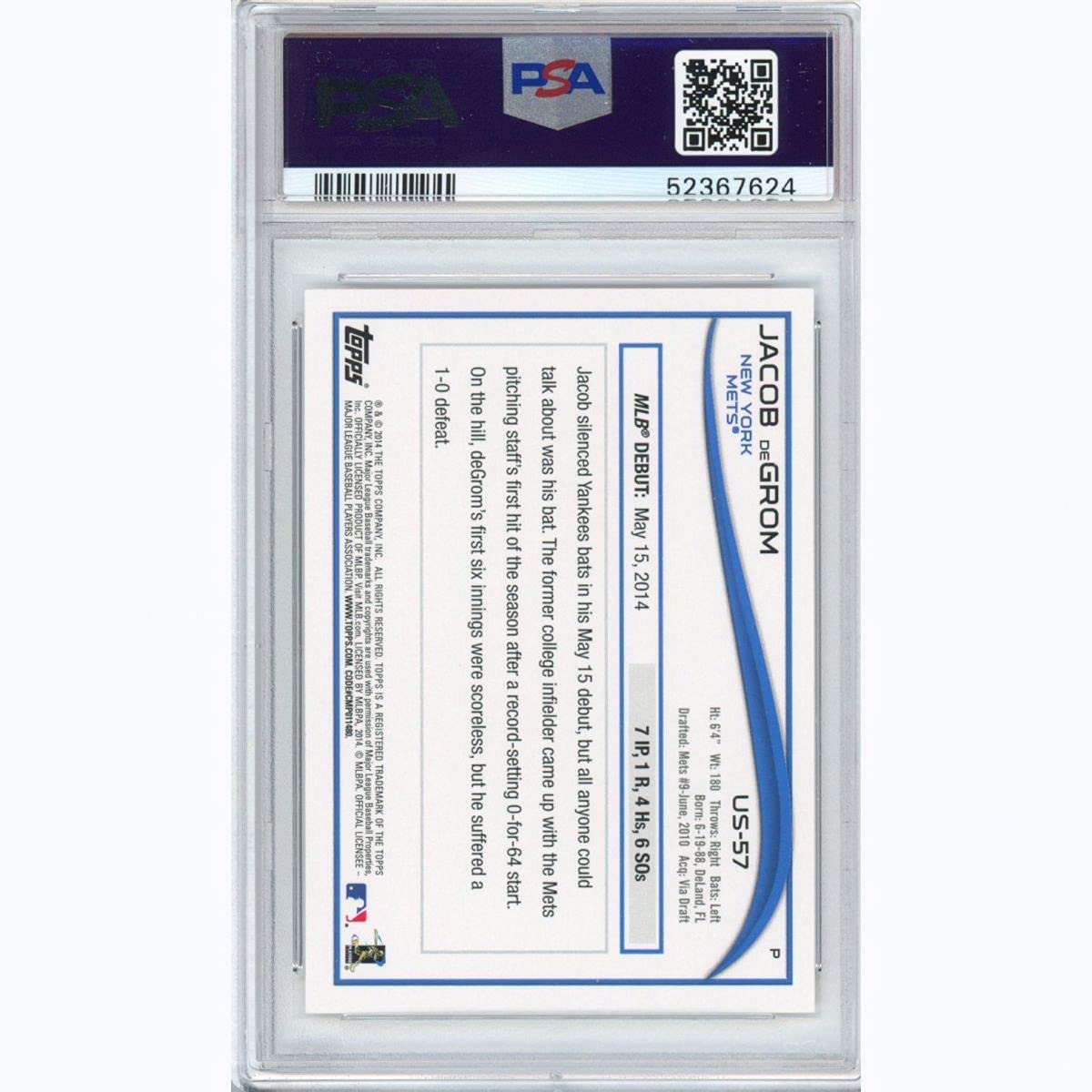 Graded 2014 Topps Update Jacob DeGrom #US57 Rookie RC Baseball Card PSA 10 Gem Mint