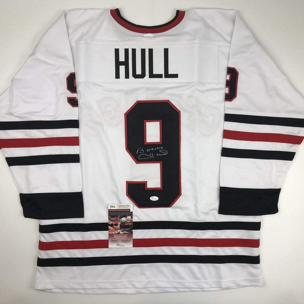 Autographed/Signed Bobby Hull Chicago White Hockey Jersey JSA COA
