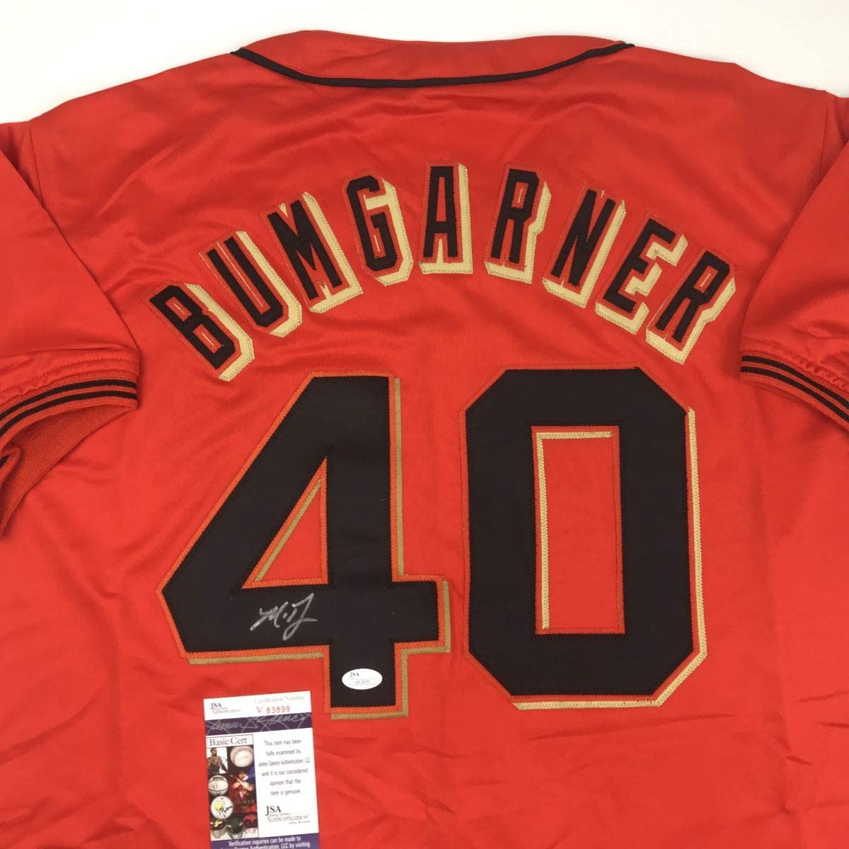 Autographed/Signed Madison Bumgarner San Francisco Orange Baseball Jersey JSA COA