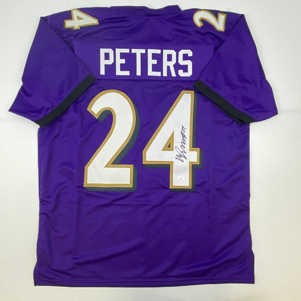 Autographed/Signed Marcus Peters Baltimore Purple Football Jersey JSA COA