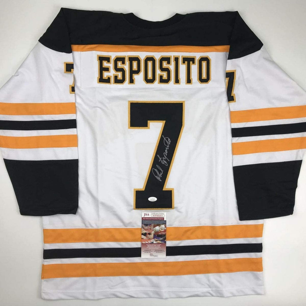 Autographed/Signed Phil Esposito Boston White Hockey Jersey JSA COA