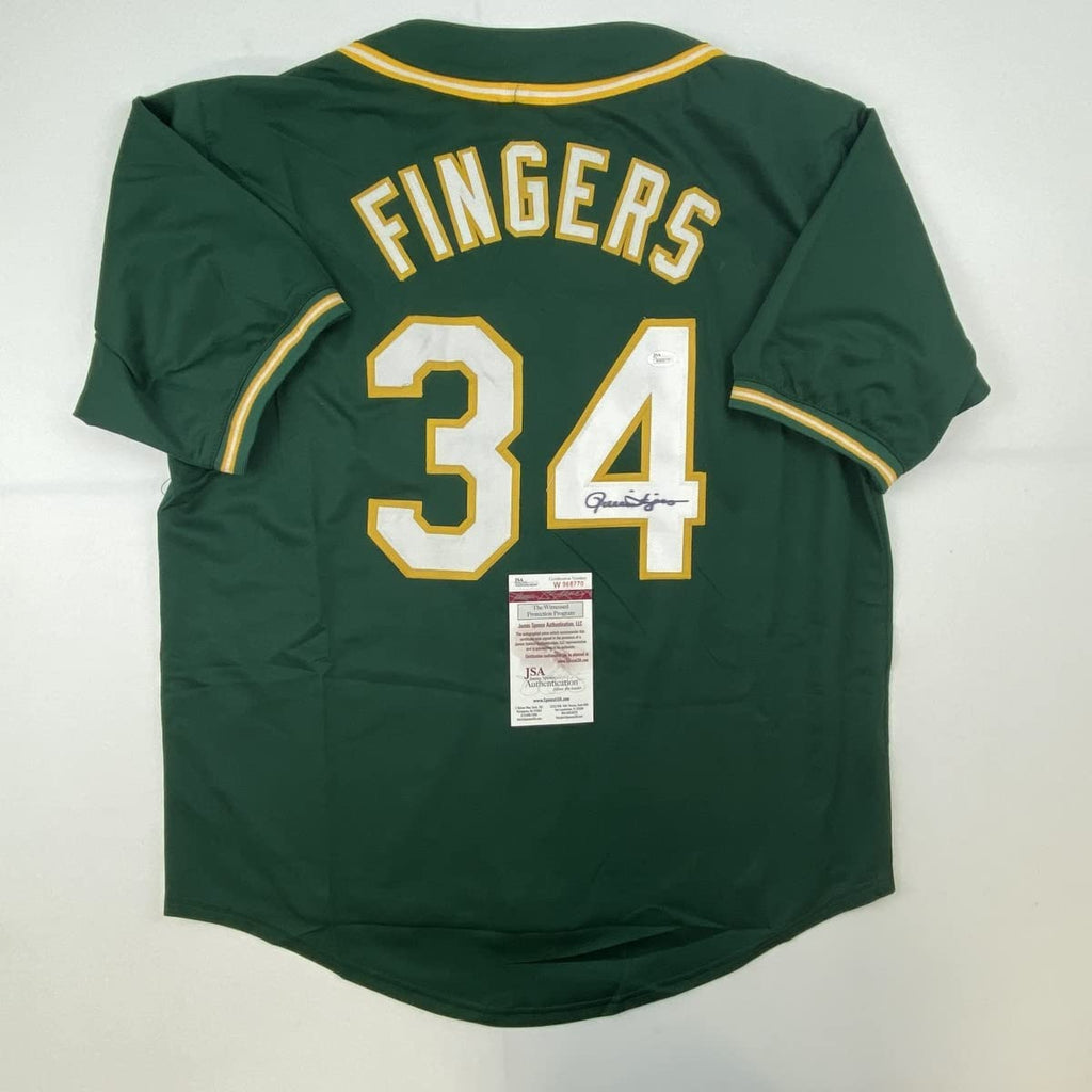 Autographed/Signed Rollie Fingers Oakland Green Baseball Jersey JSA COA