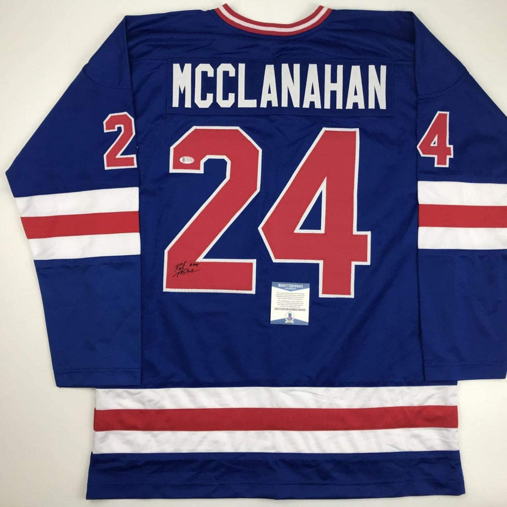 Autographed/Signed Rob McClanahan Blue Team USA Miracle On Ice 1980 Olympics Hockey Jersey Beckett BAS COA