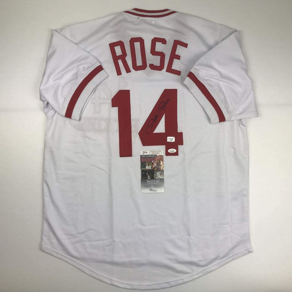 Autographed/Signed Pete Rose Cincinnati White Hit King Baseball Jersey JSA COA