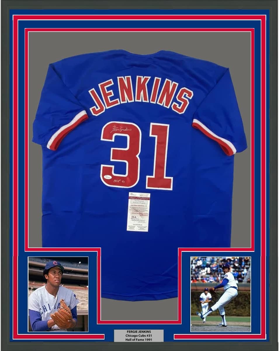 Framed Autographed/Signed Ferguson Fergie Jenkins 35x39 HOF 91 Chicago Blue Baseball Jersey JSA COA
