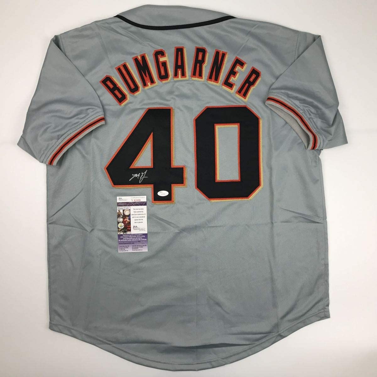Autographed/Signed Madison Bumgarner San Francisco Grey Baseball Jersey JSA COA