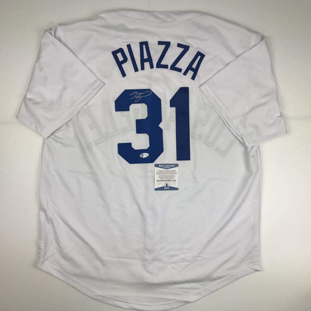 Autographed/Signed Mike Piazza Los Angeles LA White Baseball Jersey Beckett BAS COA