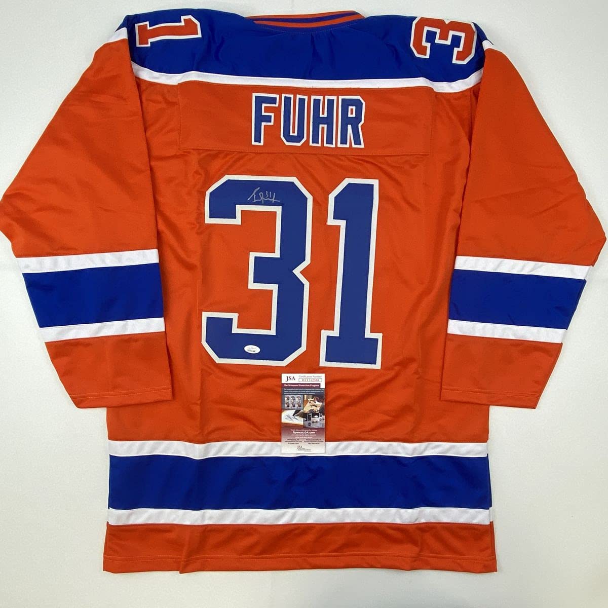 Autographed/Signed Grant Fuhr Edmonton Orange Hockey Jersey JSA COA