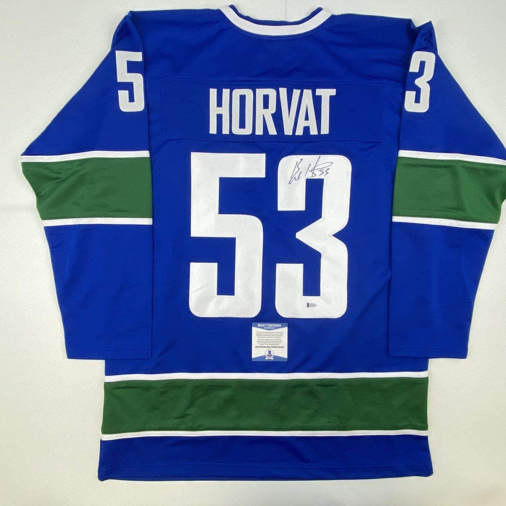 Autographed/Signed Bo Horvat Vancouver Blue Hockey Jersey Beckett BAS COA