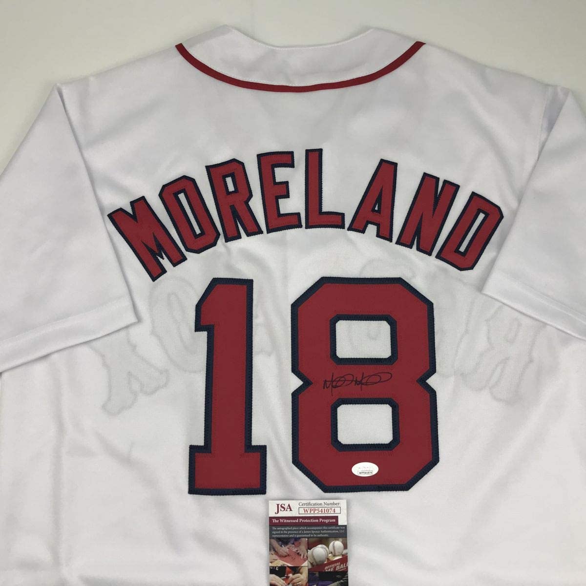Autographed/Signed Mitch Moreland Boston White Baseball Jersey JSA COA