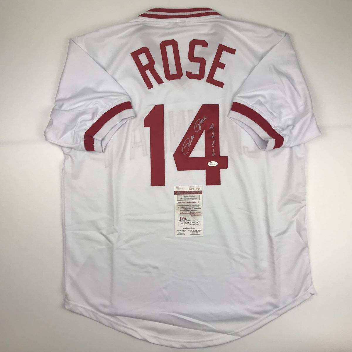 Autographed/Signed Pete Rose 4256 Cincinnati White Baseball Jersey JSA COA