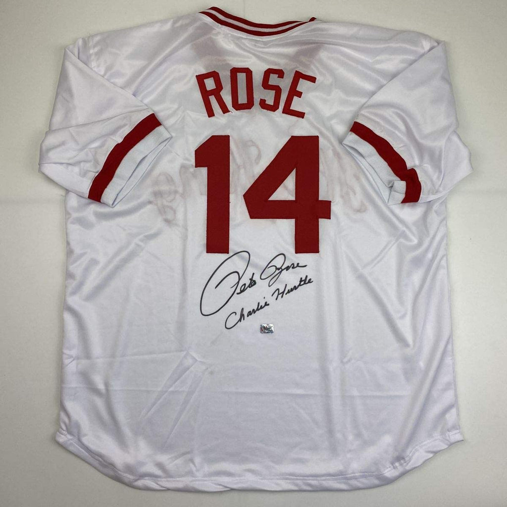 Autographed/Signed Pete Rose Inscribed Charlie Hustle Cincinnati White Baseball Jersey Athlete Hologram COA #1