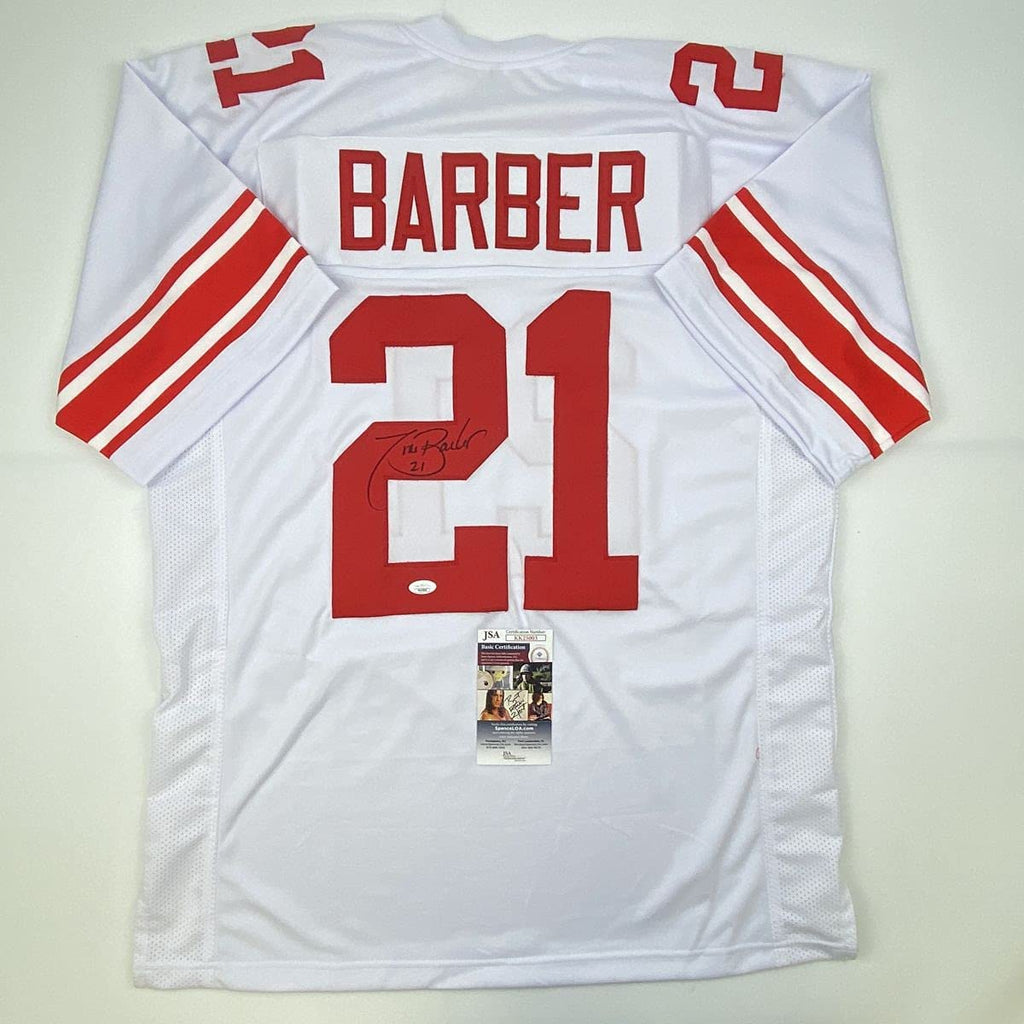 Autographed/Signed Tiki Barber New York White Football Jersey JSA COA