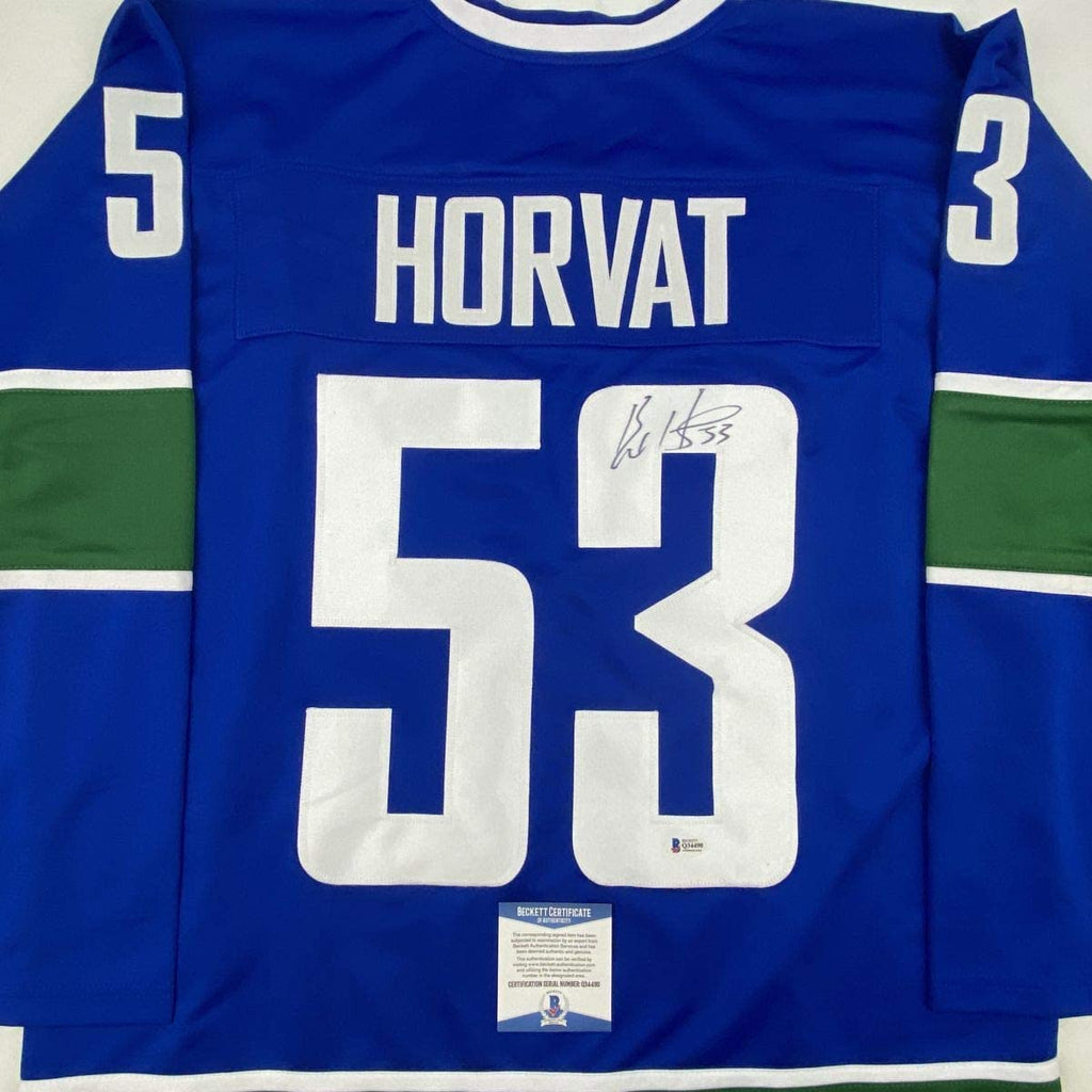 Autographed/Signed Bo Horvat Vancouver Blue Hockey Jersey Beckett BAS COA