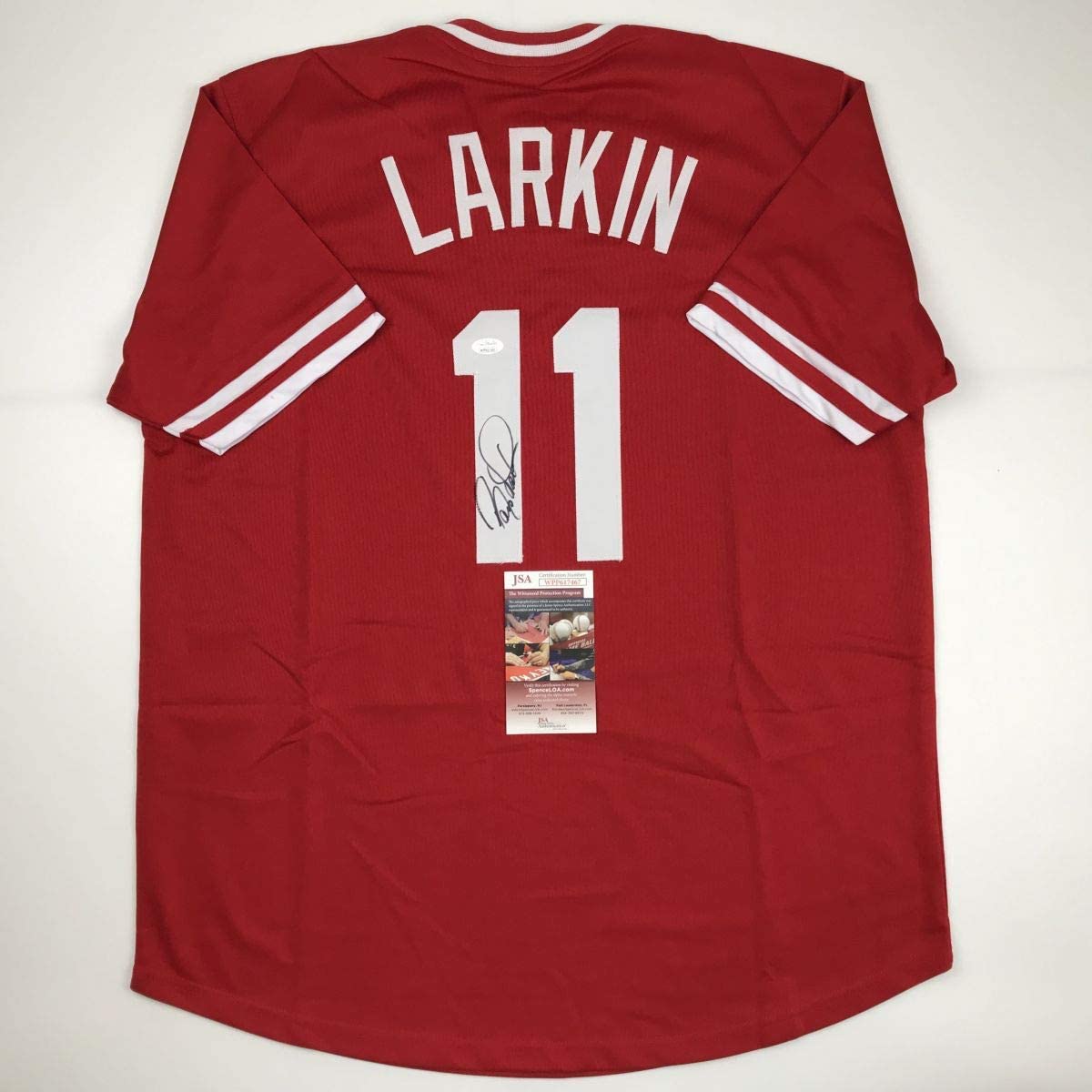 Autographed/Signed Barry Larkin Cincinnati Red Baseball Jersey JSA COA