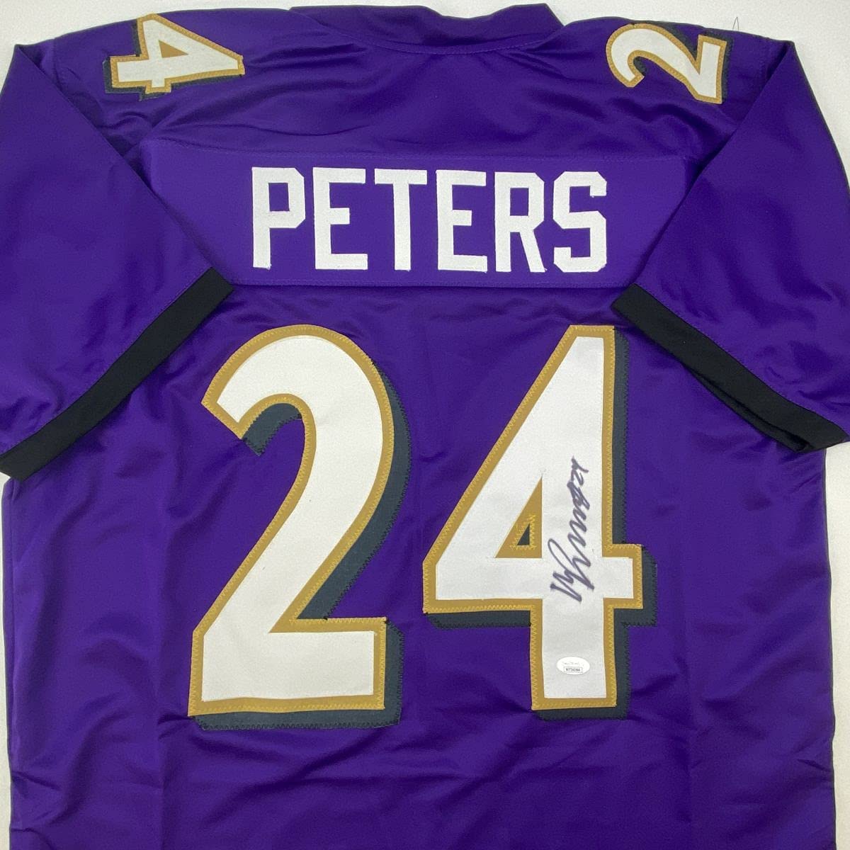 Autographed/Signed Marcus Peters Baltimore Purple Football Jersey JSA COA