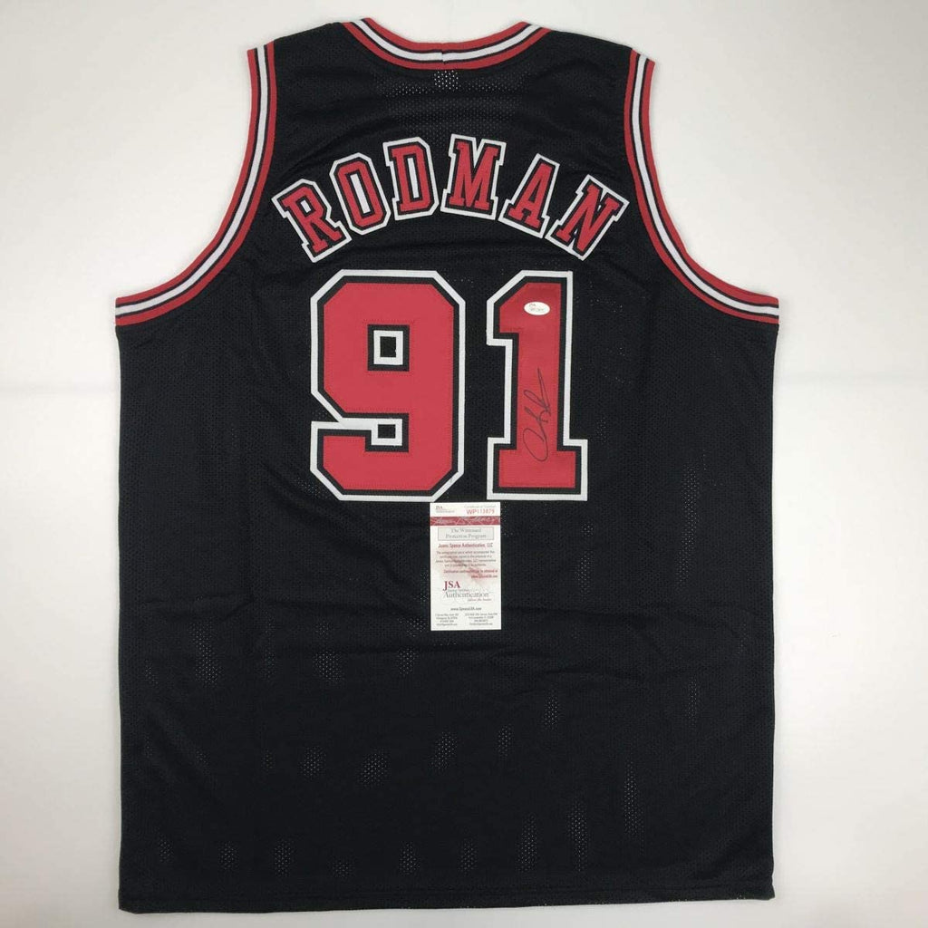 Autographed/Signed Dennis Rodman Chicago Black Basketball Jersey JSA COA