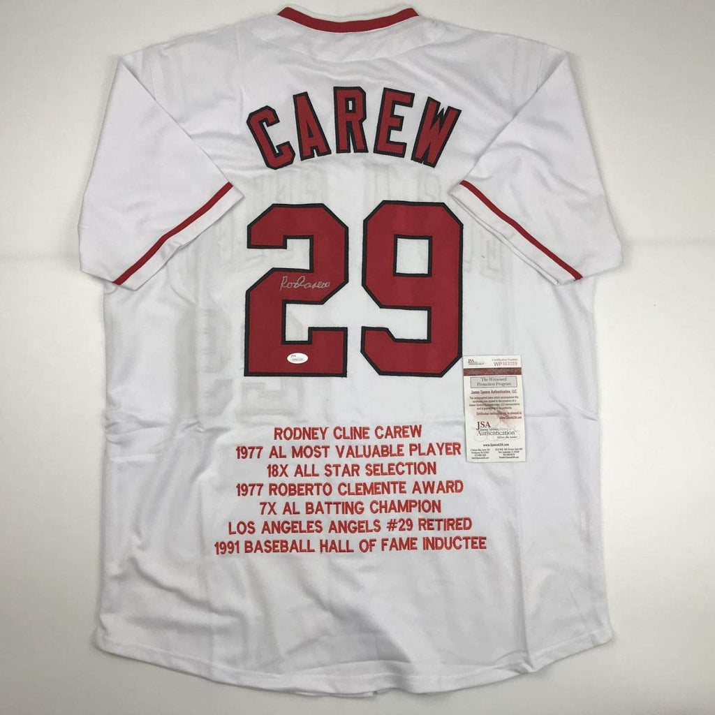 Autographed/Signed Rod Carew Los Angeles White Stat Baseball Jersey JSA COA