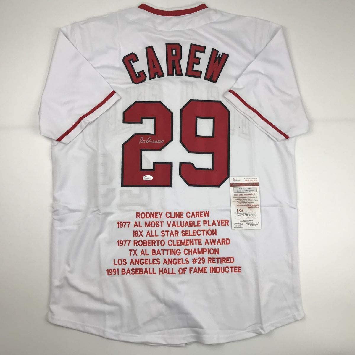 Autographed/Signed Rod Carew Los Angeles White Stat Baseball Jersey JSA COA