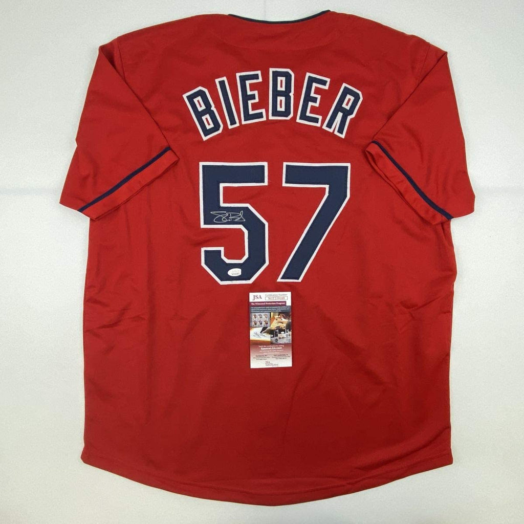 Autographed/Signed Shane Bieber Cleveland Red Baseball Jersey JSA COA
