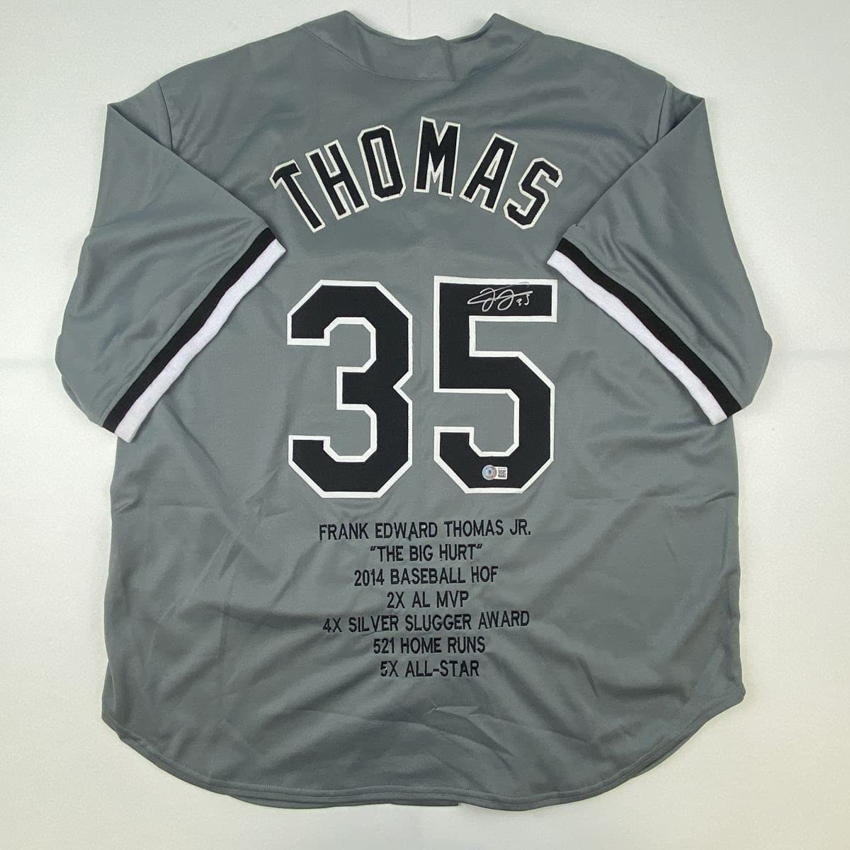 Autographed/Signed Frank Thomas Chicago Grey Stat Baseball Jersey Beckett BAS COA