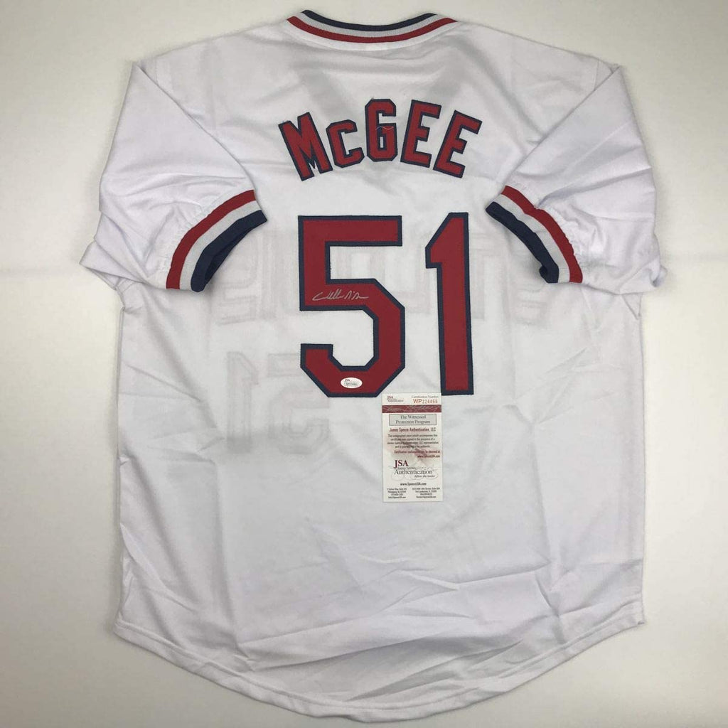 Autographed/Signed Willie McGee St. Louis White Baseball Jersey JSA COA