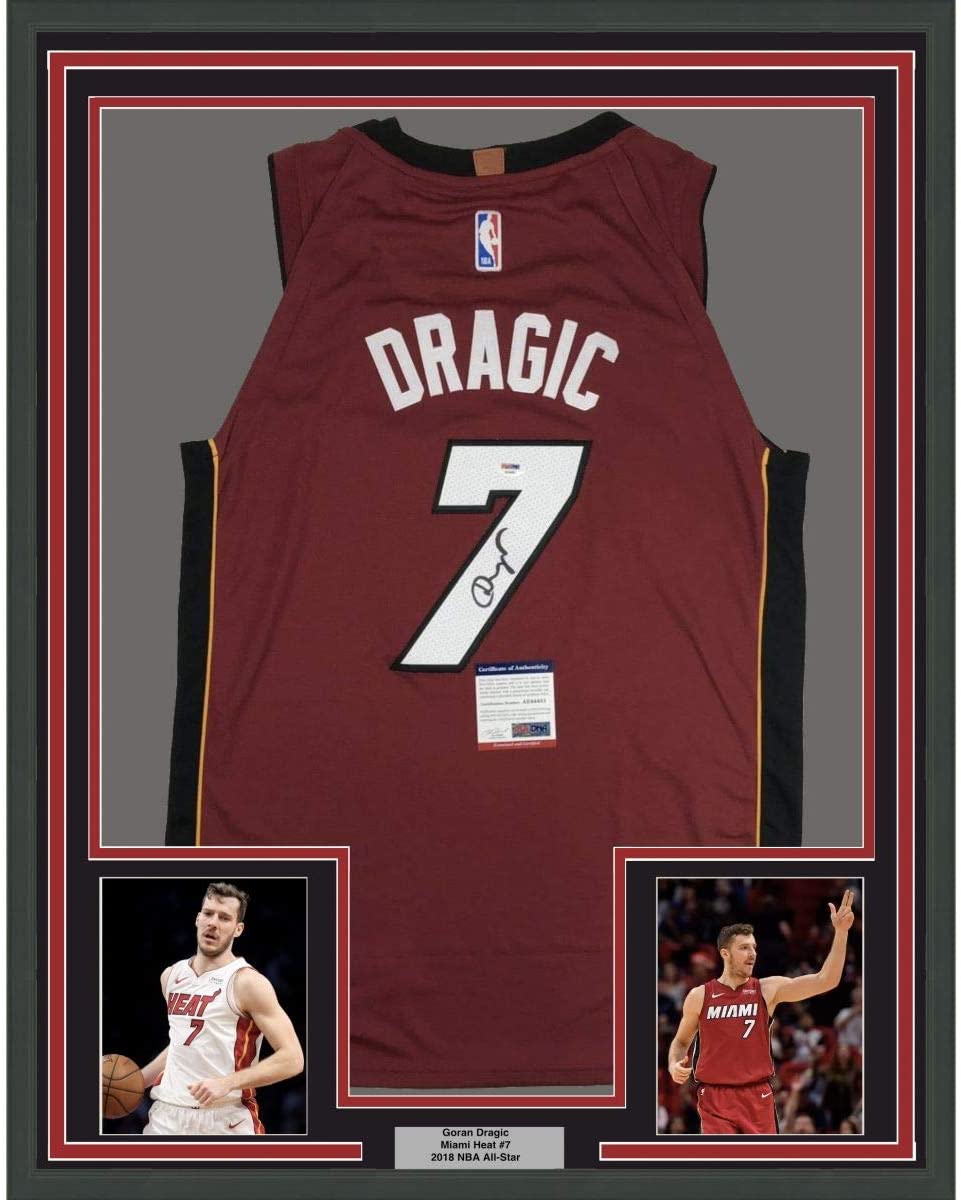 Framed Autographed/Signed Goran Dragic 35x39 Miami Red Basketball Jersey PSA/DNA COA