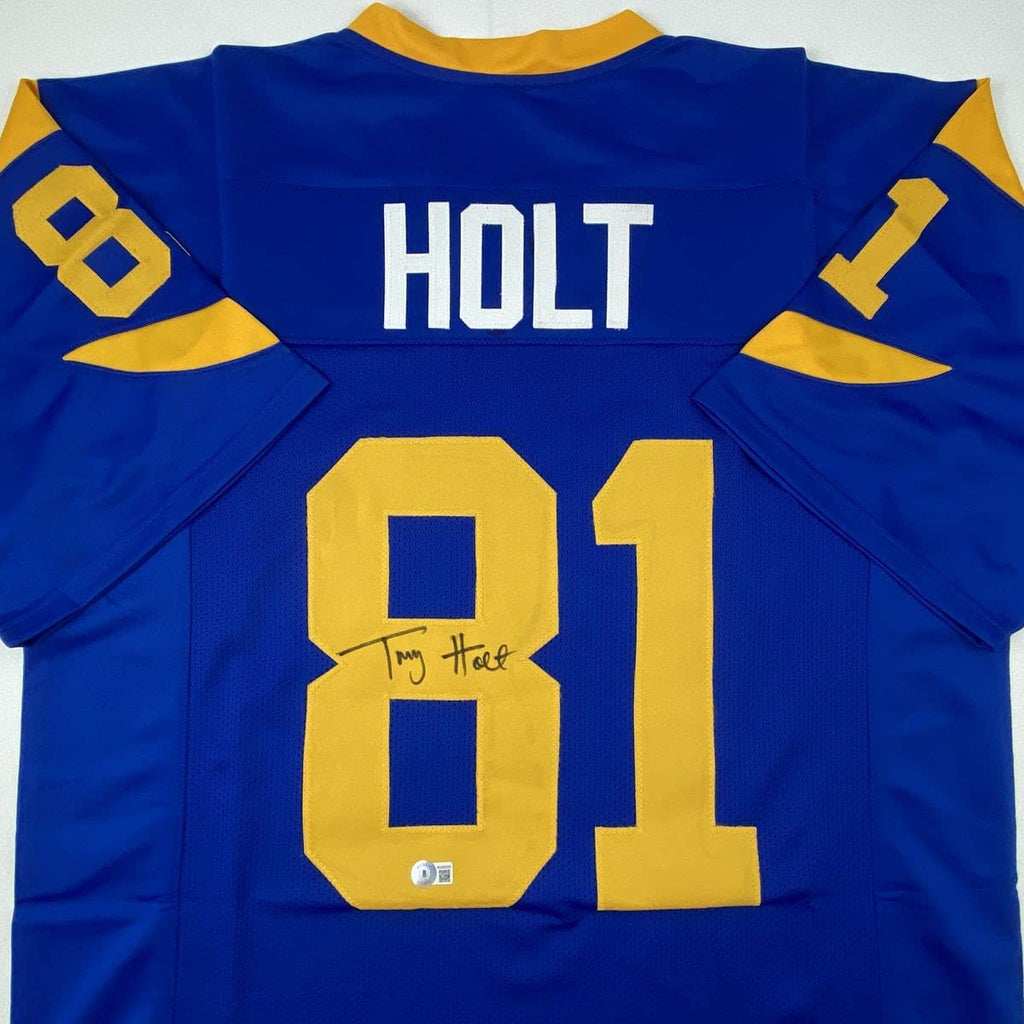 Autographed/Signed Torry Holt St. Louis Retro Blue Football Jersey Beckett BAS COA