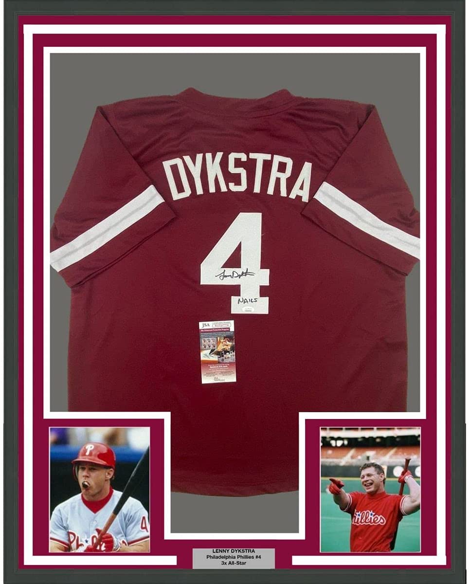 Framed Autographed/Signed Lenny Dykstra Nails 35x39 Philadelphia Maroon Baseball Jersey JSA COA