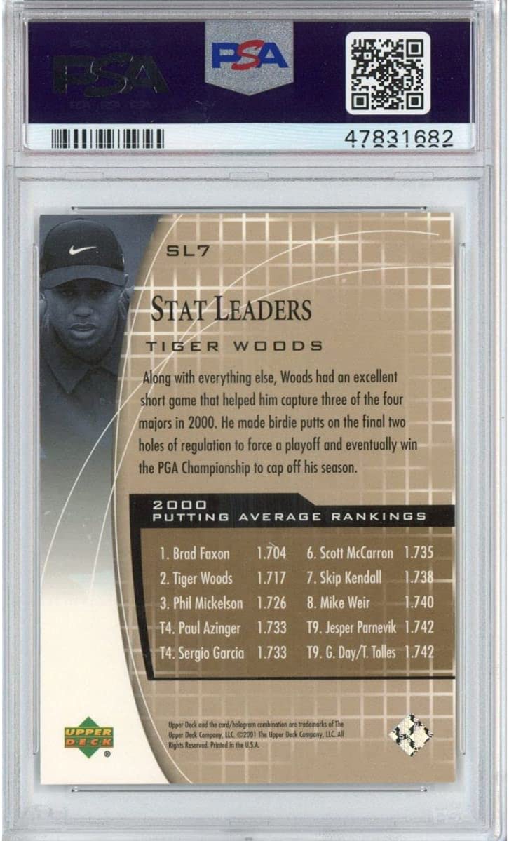 Graded 2001 Upper Deck UD Golf Tiger Woods #SL7 Stat Leaders Rookie RC Golf Card PSA 10 Gem Mint