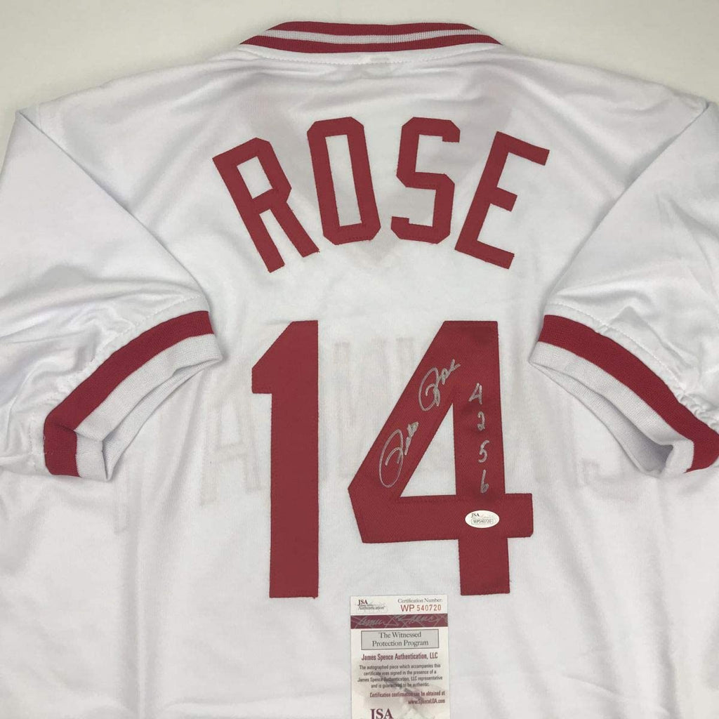 Autographed/Signed Pete Rose 4256 Cincinnati White Baseball Jersey JSA COA