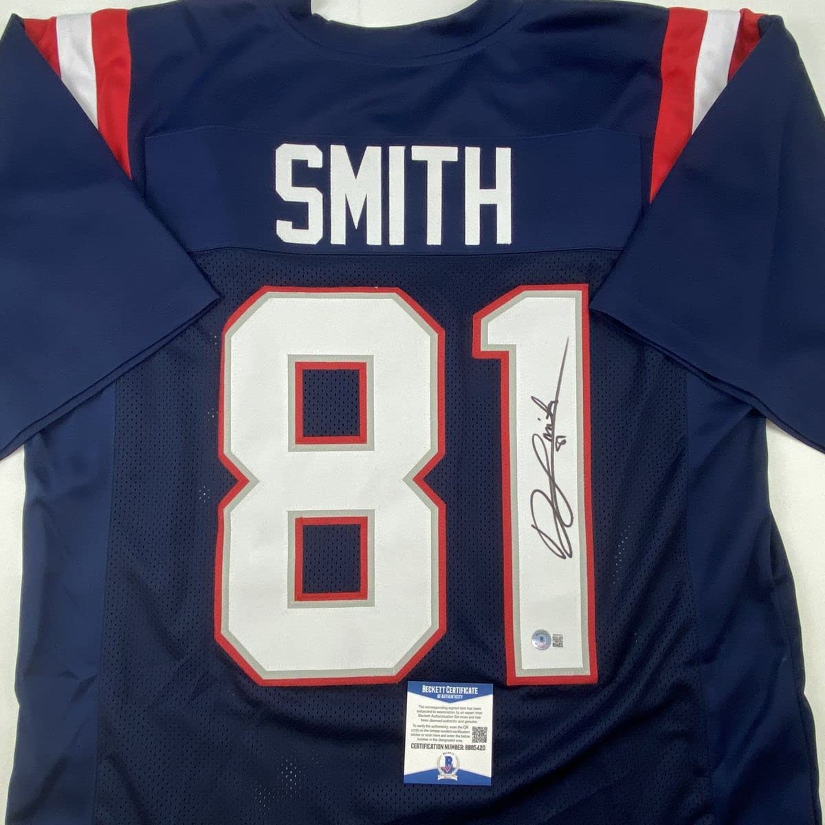Autographed/Signed Jonnu Smith New England Blue Football Jersey Beckett BAS COA