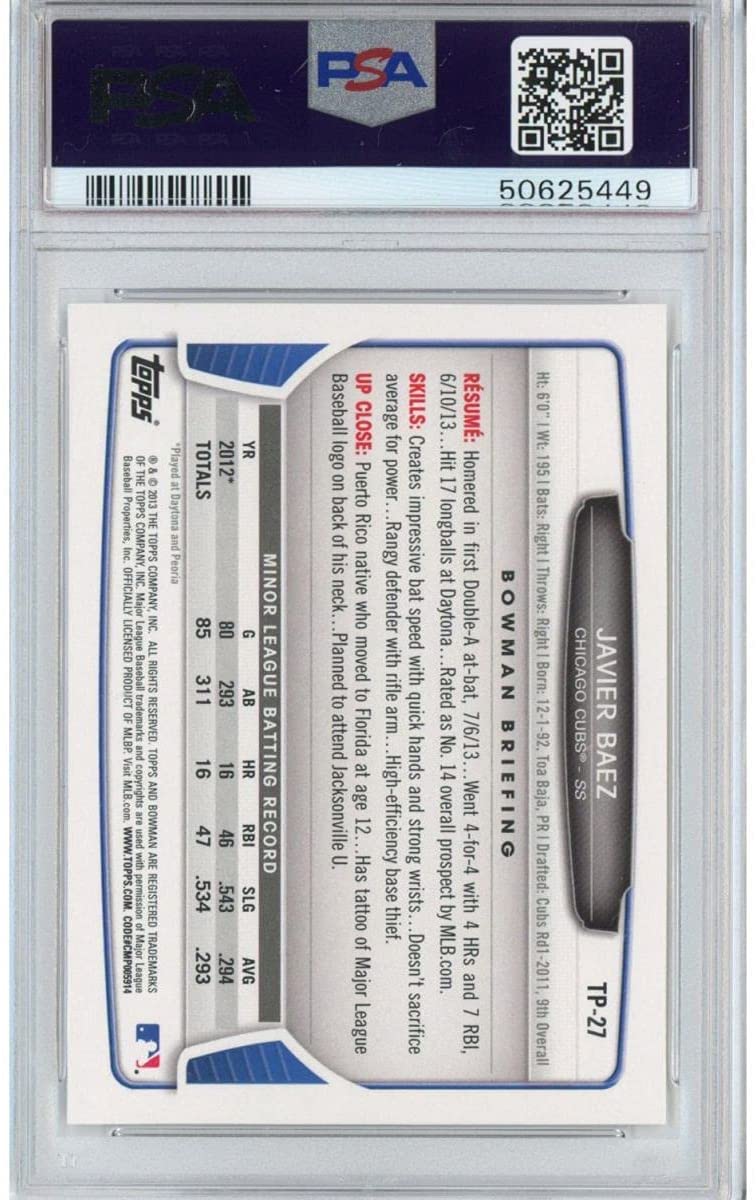 Graded 2013 Bowman Draft Picks & Top Prospects Javier Baez #TP-27 Rookie RC Baseball Card PSA 10 Gem Mint