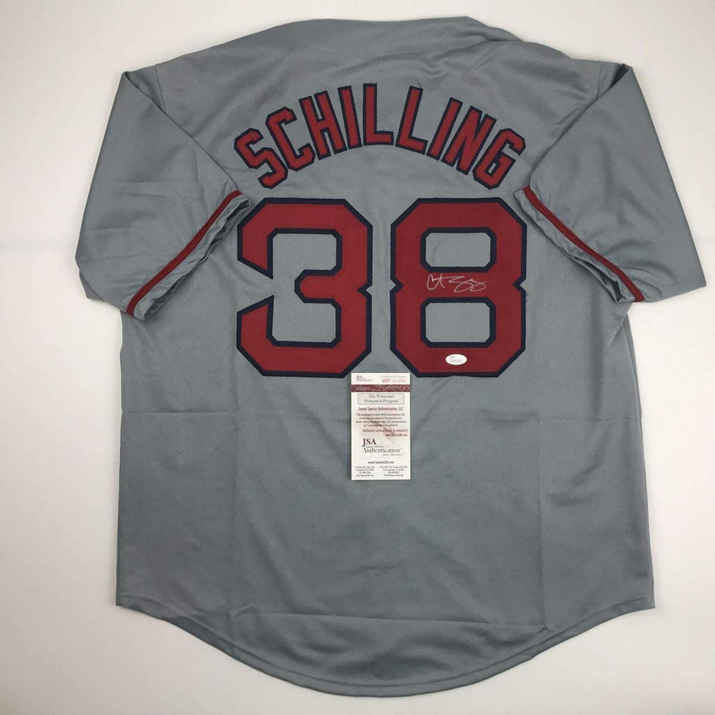 Autographed/Signed Curt Schilling Boston Grey Baseball Jersey JSA COA