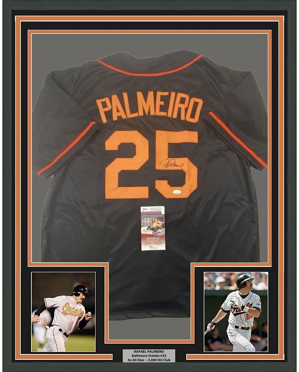 Framed Autographed/Signed Rafael Palmeiro 35x39 Baltimore Black Baseball Jersey JSA COA