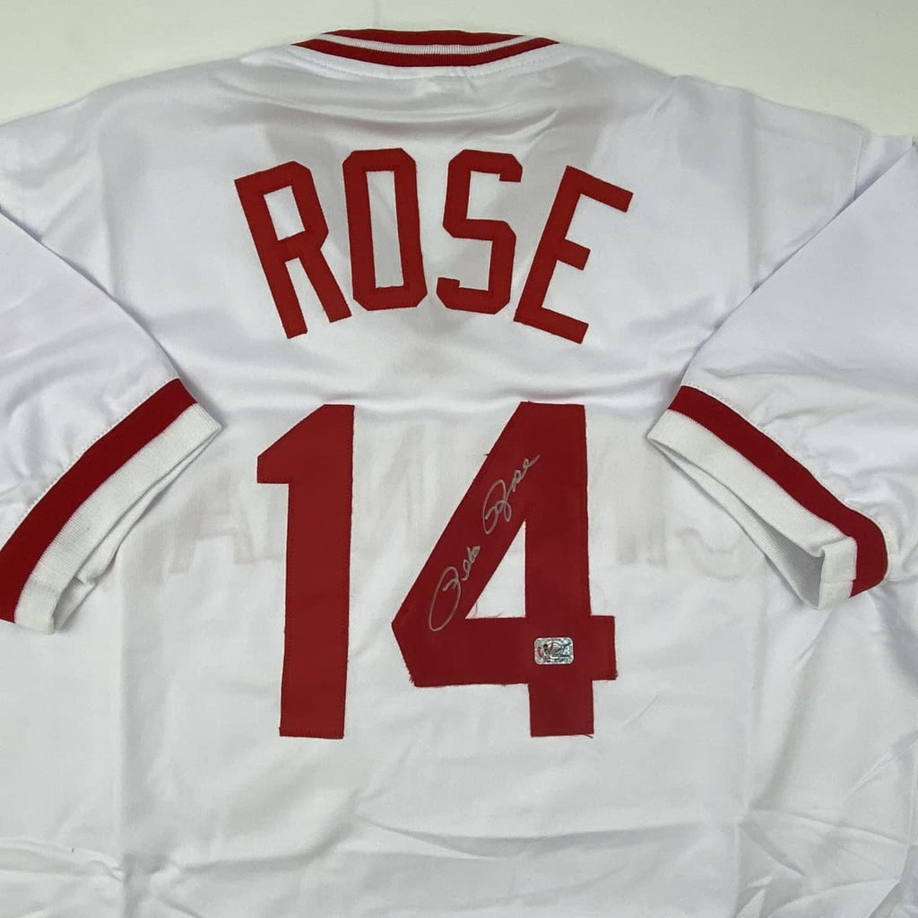 Autographed/Signed Pete Rose Cincinnati White Baseball Jersey Athlete Hologram COA Holo