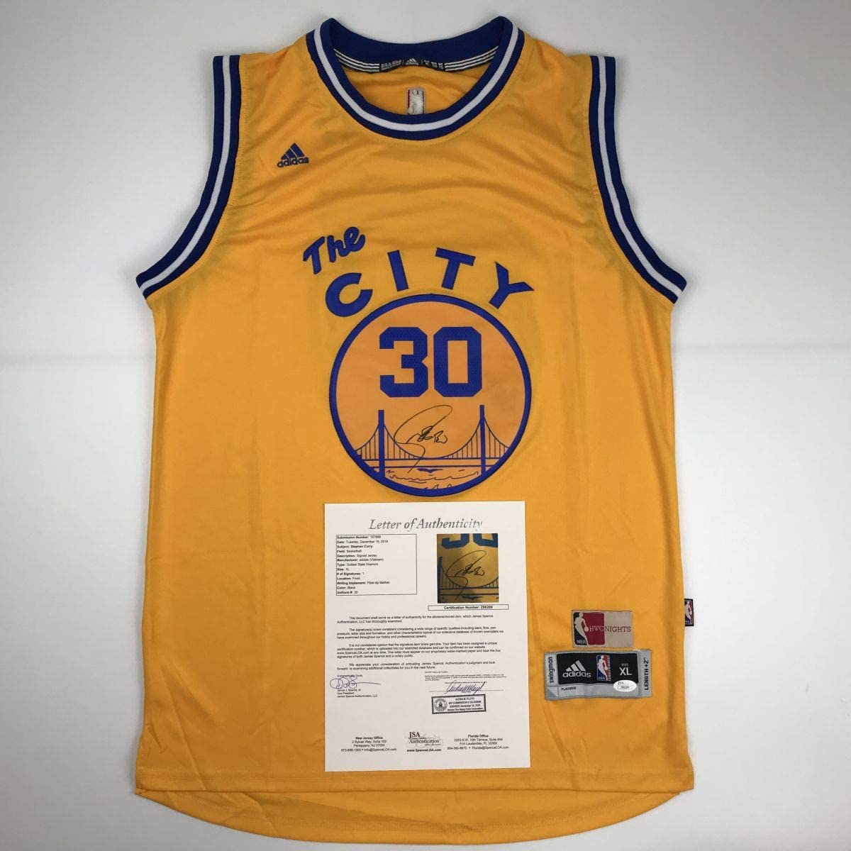 Autographed/Signed Stephen Steph Curry Golden State The City Yellow Basketball Jersey JSA COA/LOA